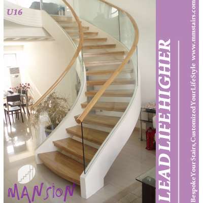 Bespoke Winding Steel Structure Wood Glass Railing Staircase