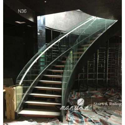 Curved Glass Railing Wood Stairs